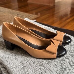 Franco Sarto Tan and Black Flats with Bow Accent